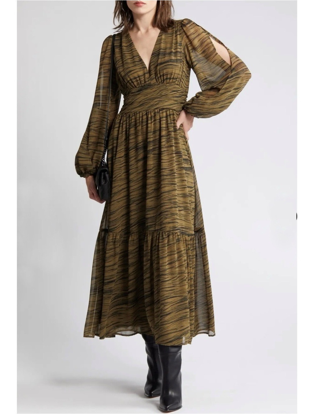 Chelsea28 Olive Black Split Sleeve V-Neck Maxi Dress XS